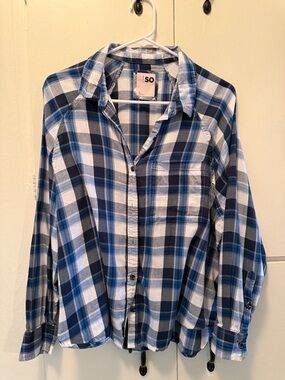 SO Blue & White Plaid Button-Front Shirt